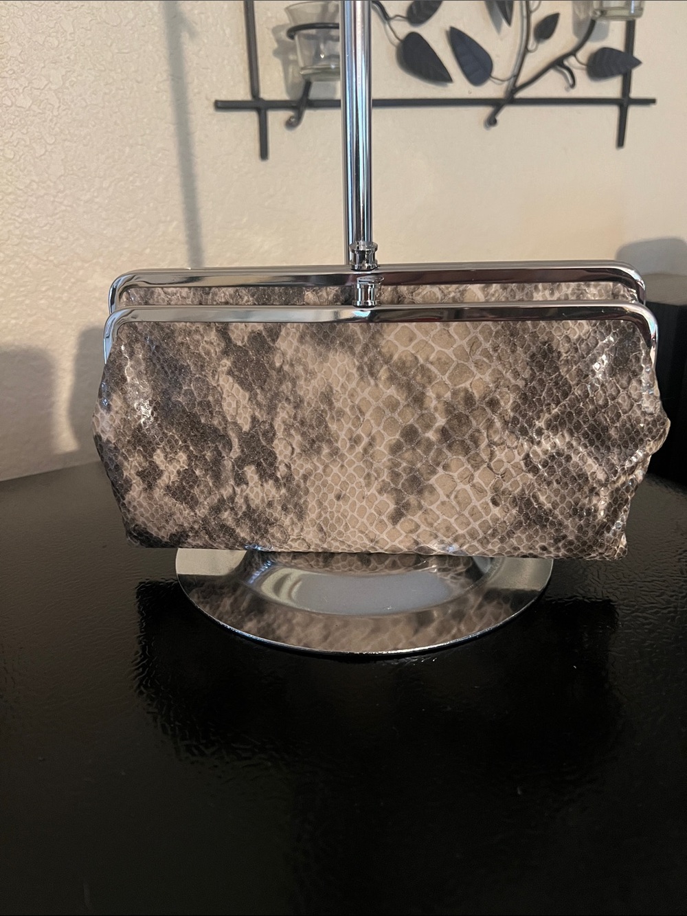 HOBO Gray Snake-Print Clutch with Silver Frame